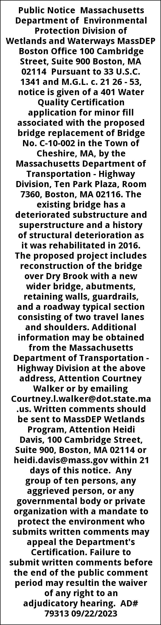 Public Notice, MassDep Division of Wetlands and Waterways, Boston, MA